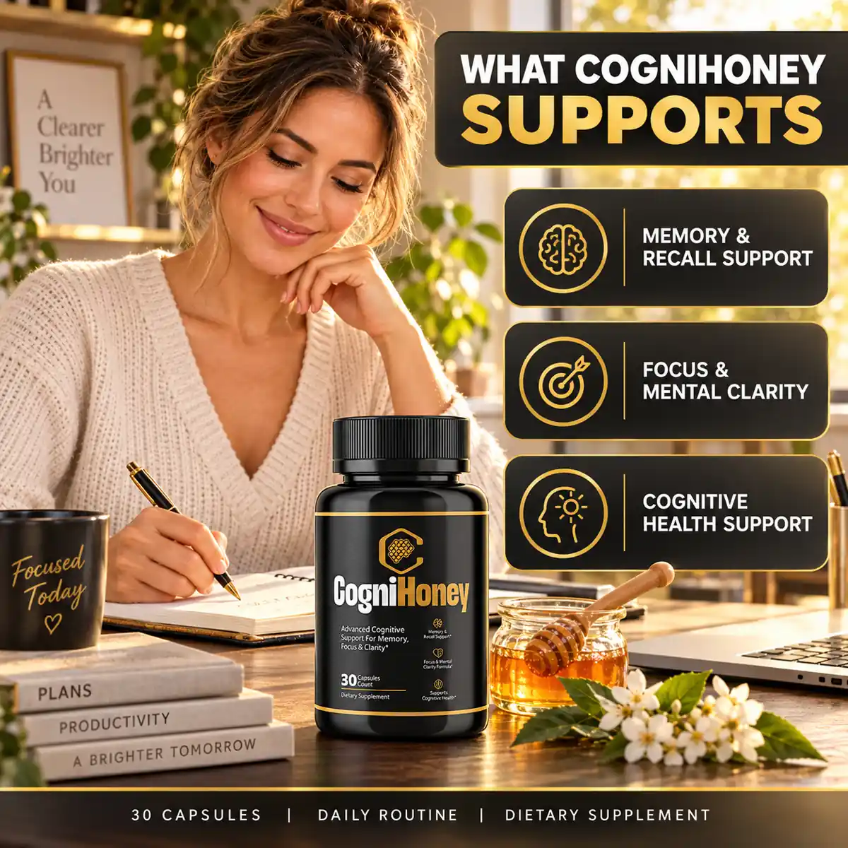 Vendor artwork titled What CogniHoney Supports: a woman writing at a desk beside the bottle and a honey jar, with three tiles for memory and recall, focus and mental clarity, and cognitive health