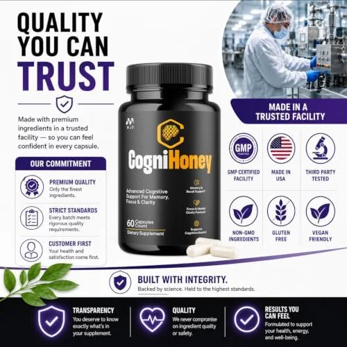 Cognihoney nootropic ingredients presented with honey and botanicals
