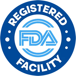 Blue roundel reading Registered Facility around the letters FDA