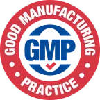 Red seal reading Good Manufacturing Practice, GMP