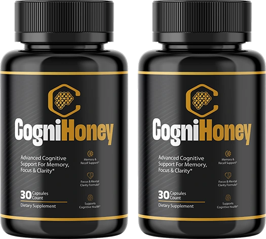 Two CogniHoney bottles side by side, black labels with gold bands