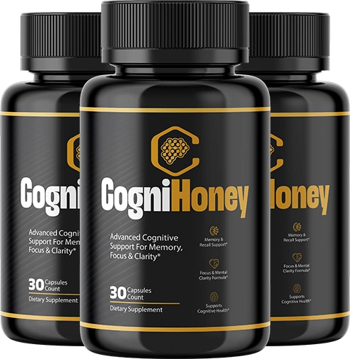 Three CogniHoney bottles grouped, the front bottle reading 30 Capsules Count, Dietary Supplement