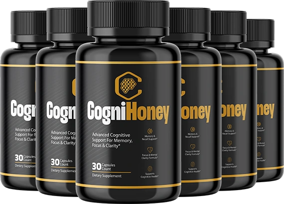 Six CogniHoney bottles in a fanned row, black labels with gold bands
